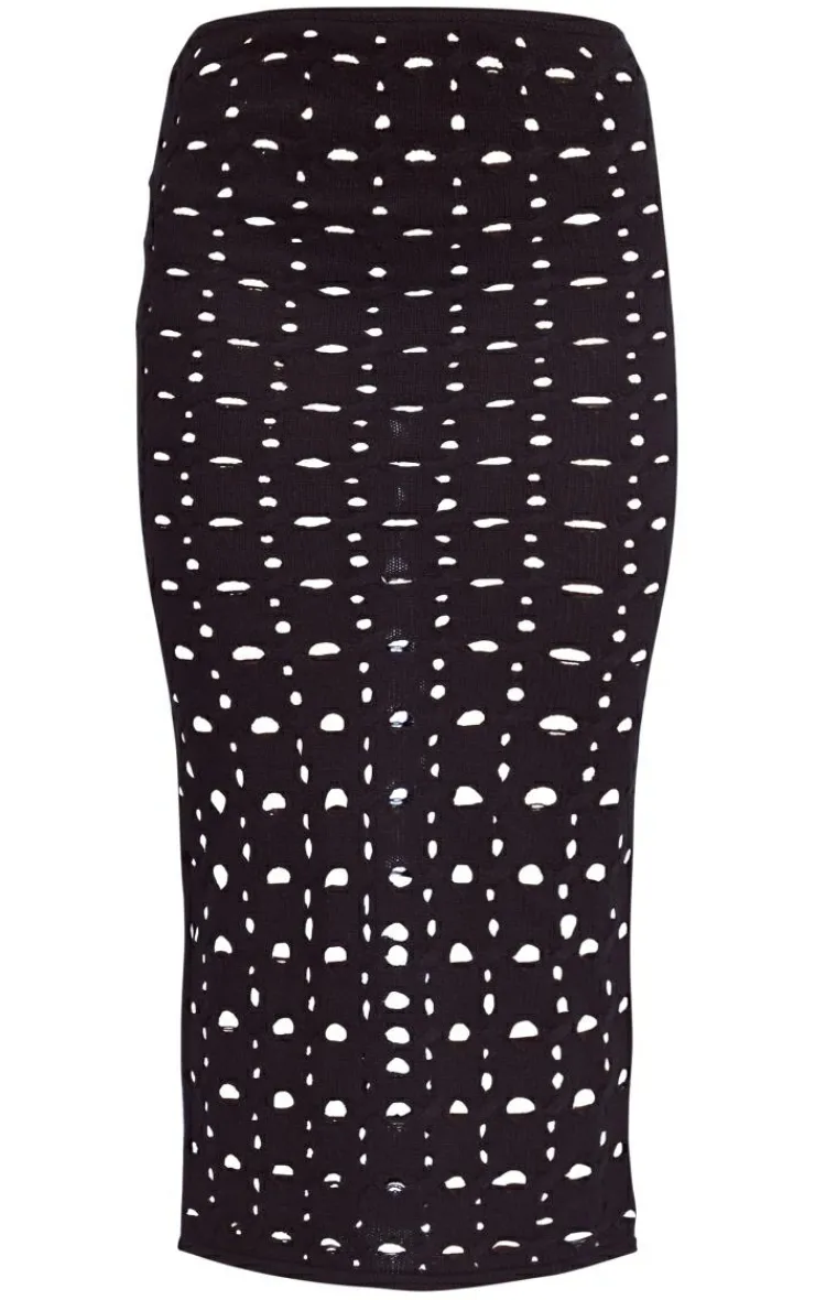 Hot PrettyLittleThing Hole Detail Knitted Midi Skirt Black