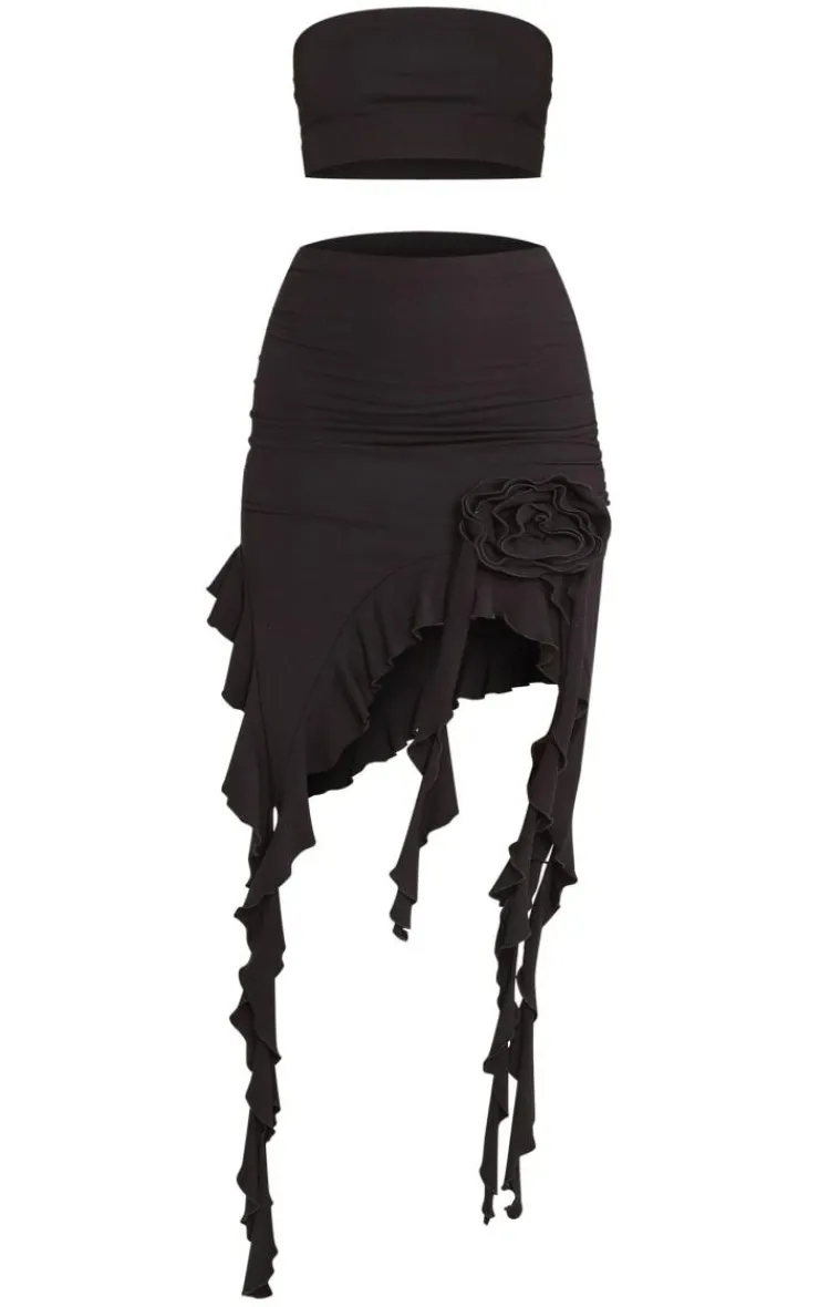 PrettyLittleThing Jersey Bandeau Crop Top & Skirt Set Black
