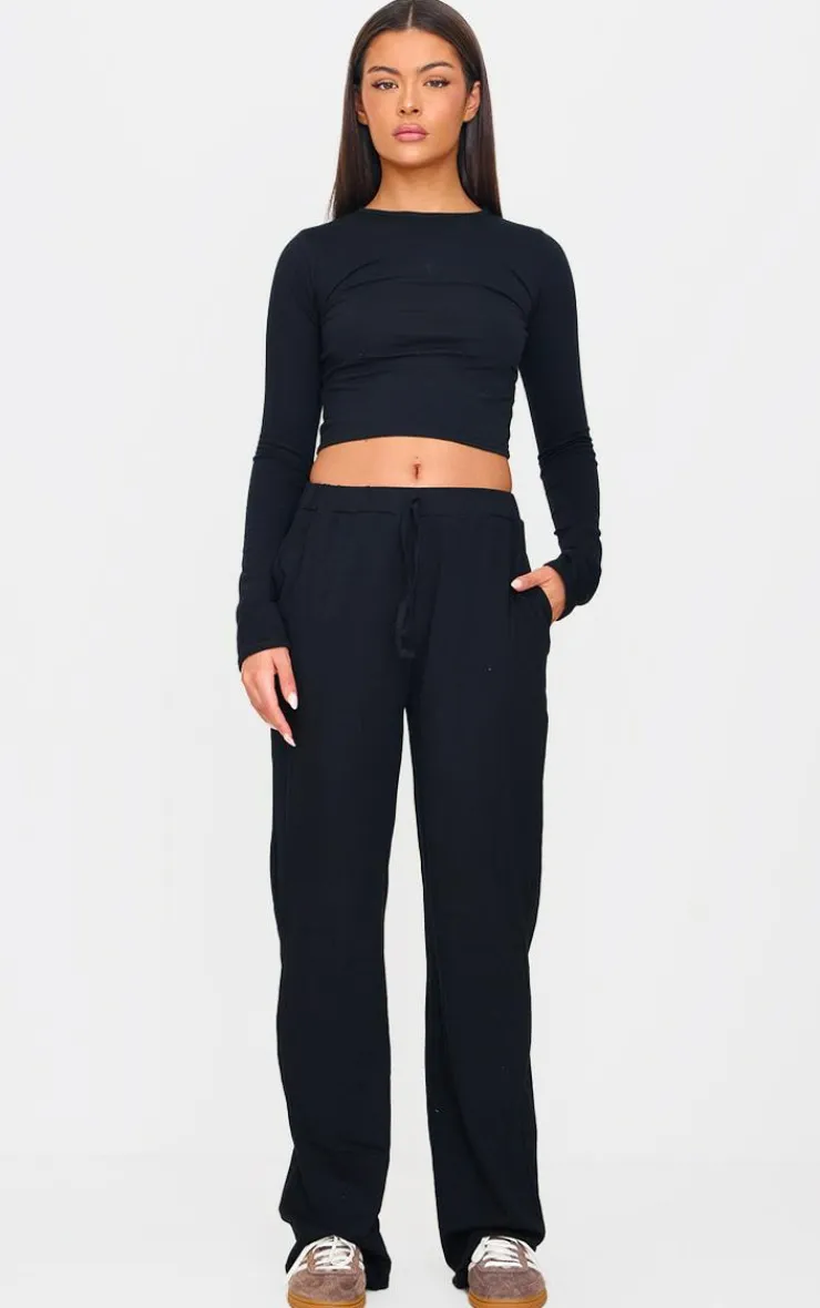 Sale PrettyLittleThing Jersey Cotton Wide Leg Pants Black