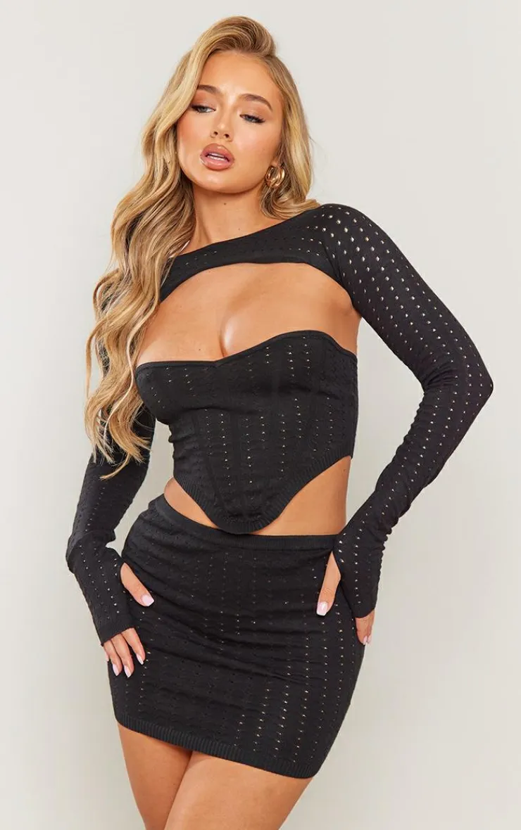 Outlet PrettyLittleThing Knit Pointelle Mini Skirt Black
