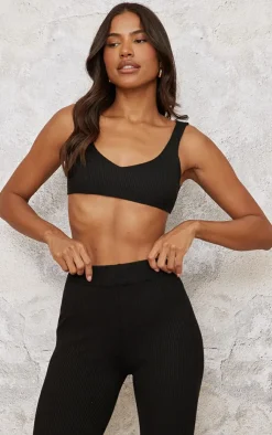 Online PrettyLittleThing Knitted Ribbed Bralet Black