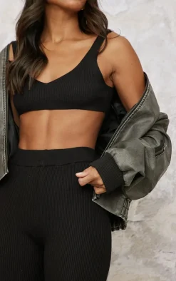 Online PrettyLittleThing Knitted Ribbed Bralet Black