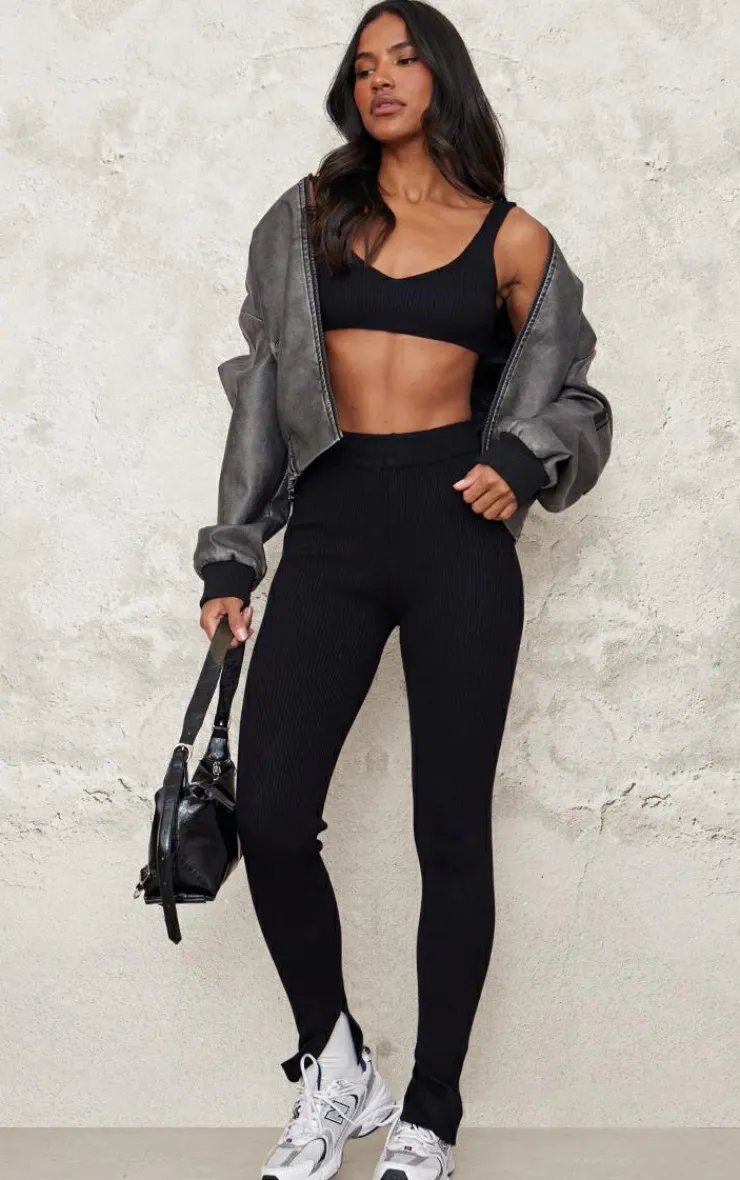 Clearance PrettyLittleThing Knitted Ribbed Leggings Black