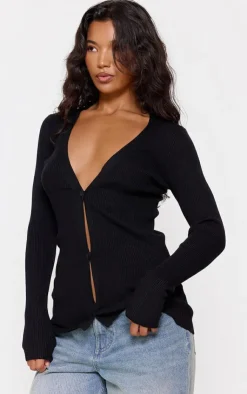 Hot PrettyLittleThing Knitted Ribbed Long Sleeve Cardigan Black