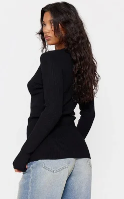 Hot PrettyLittleThing Knitted Ribbed Long Sleeve Cardigan Black