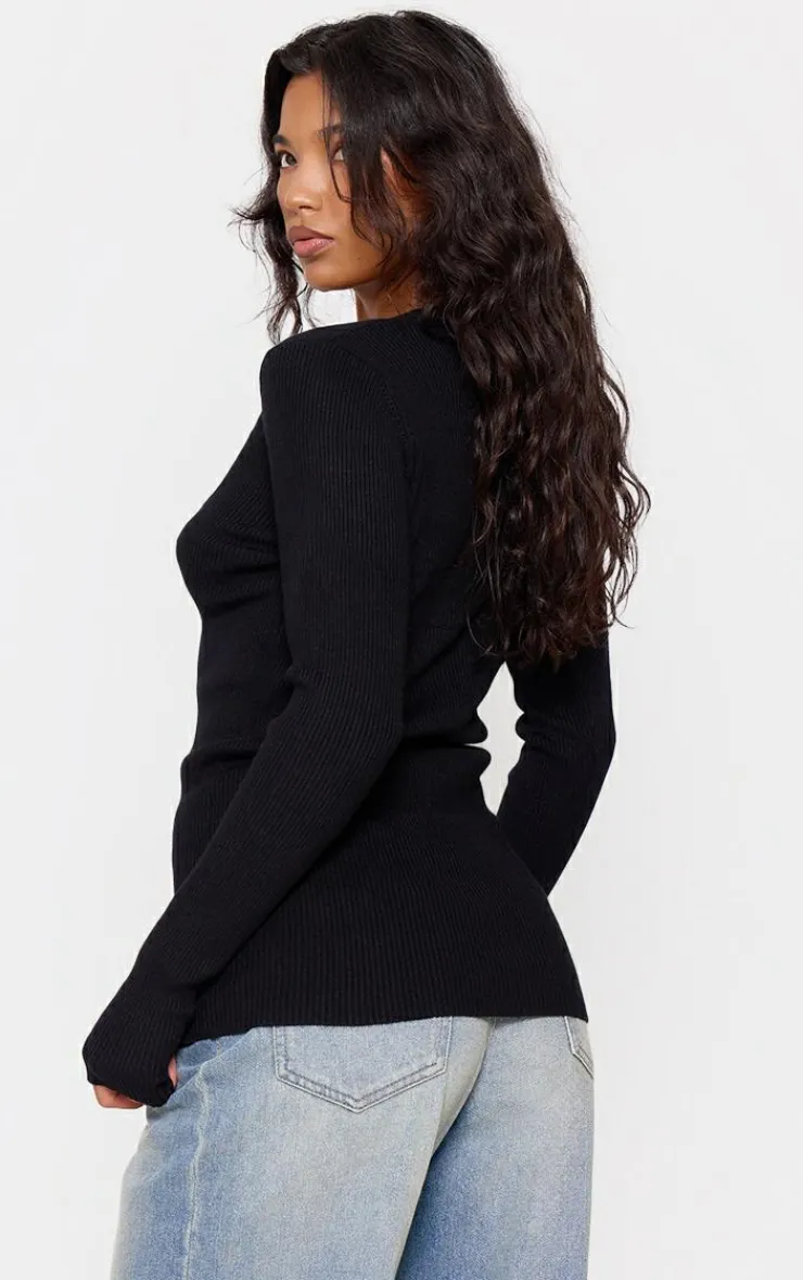 Hot PrettyLittleThing Knitted Ribbed Long Sleeve Cardigan Black