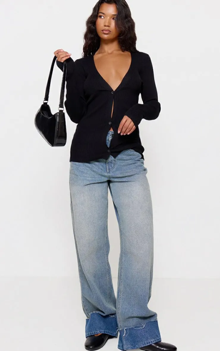 Hot PrettyLittleThing Knitted Ribbed Long Sleeve Cardigan Black