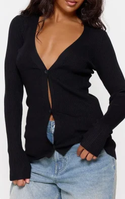 Hot PrettyLittleThing Knitted Ribbed Long Sleeve Cardigan Black