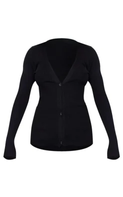 Hot PrettyLittleThing Knitted Ribbed Long Sleeve Cardigan Black
