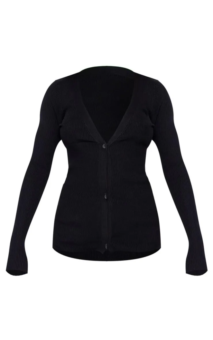 Hot PrettyLittleThing Knitted Ribbed Long Sleeve Cardigan Black