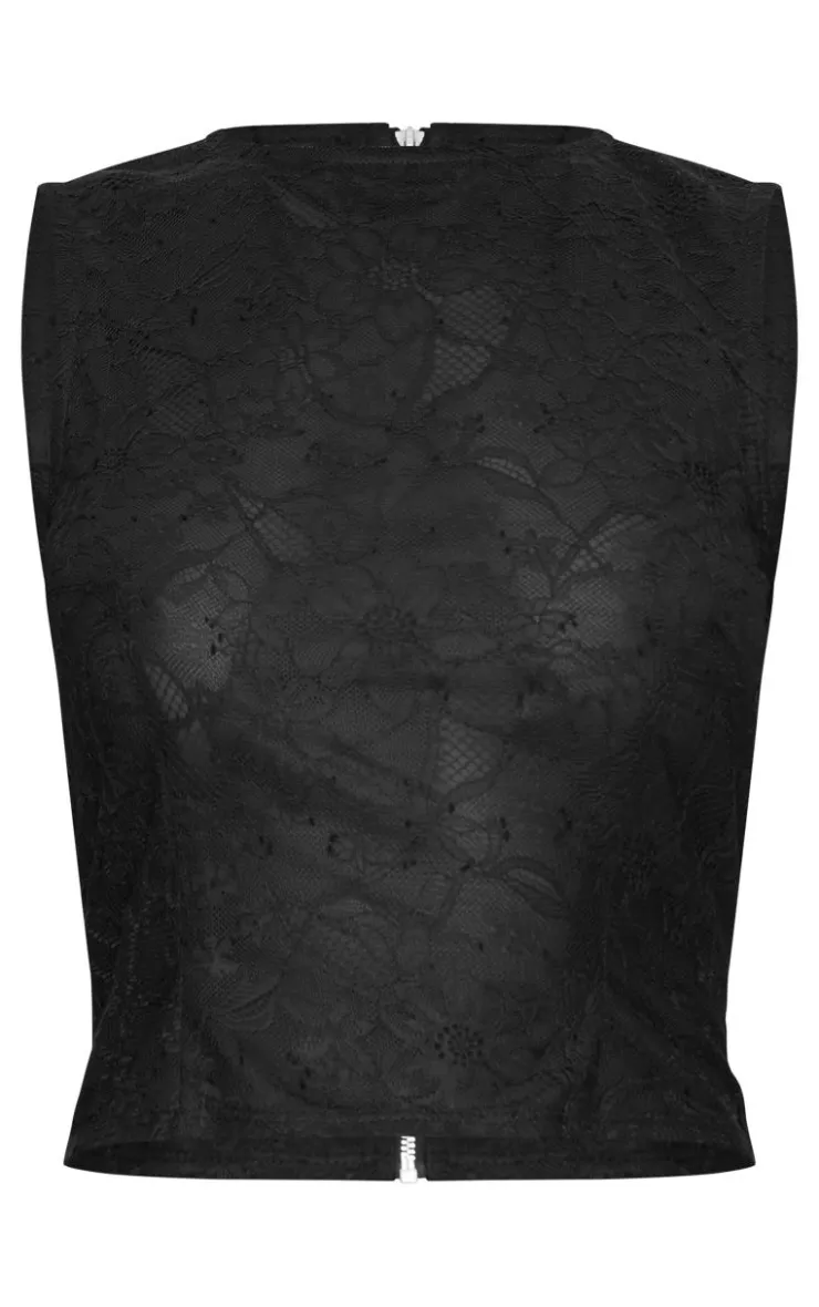 Discount PrettyLittleThing Lace Fitted Sleeveless Long Line Top Black