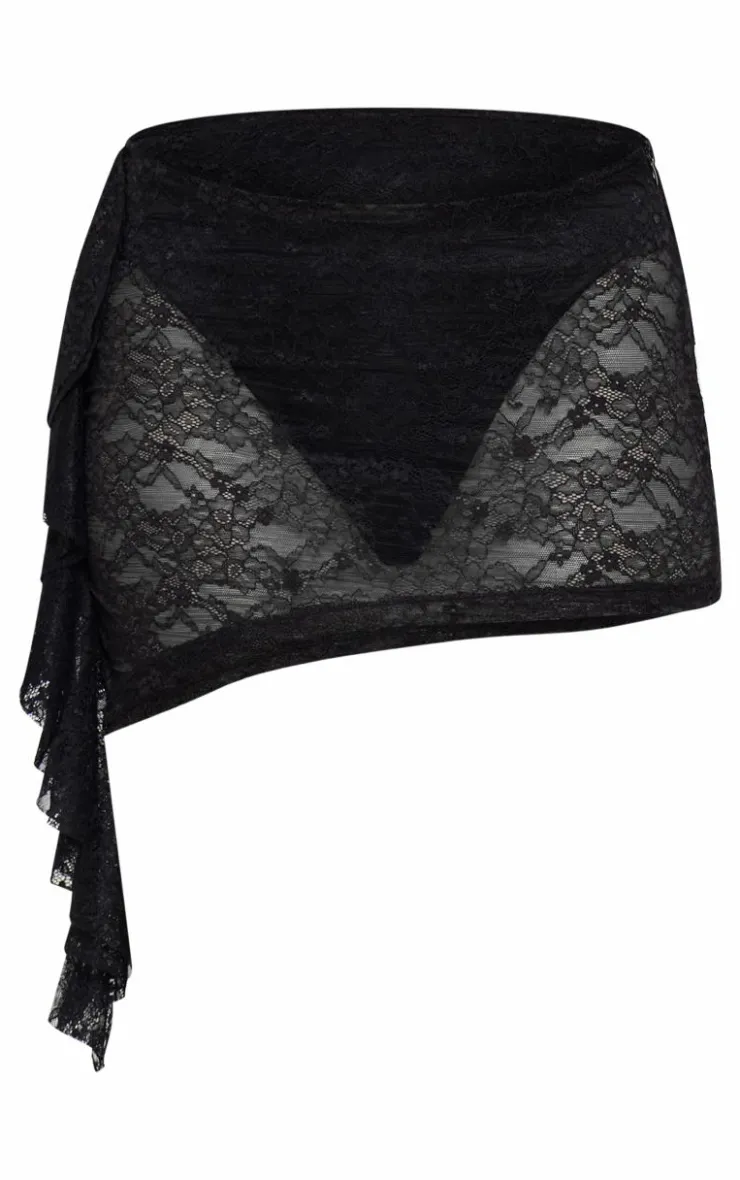 Outlet PrettyLittleThing Lace Frill Asymmetric Low Rise Micro Mini Skirt Black