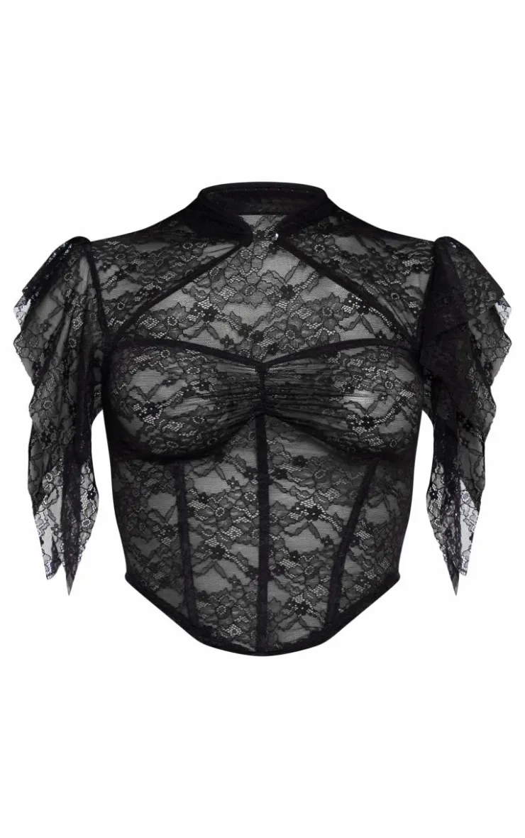 Discount PrettyLittleThing Lace Frill Boned Dip Hem Corset Top Black