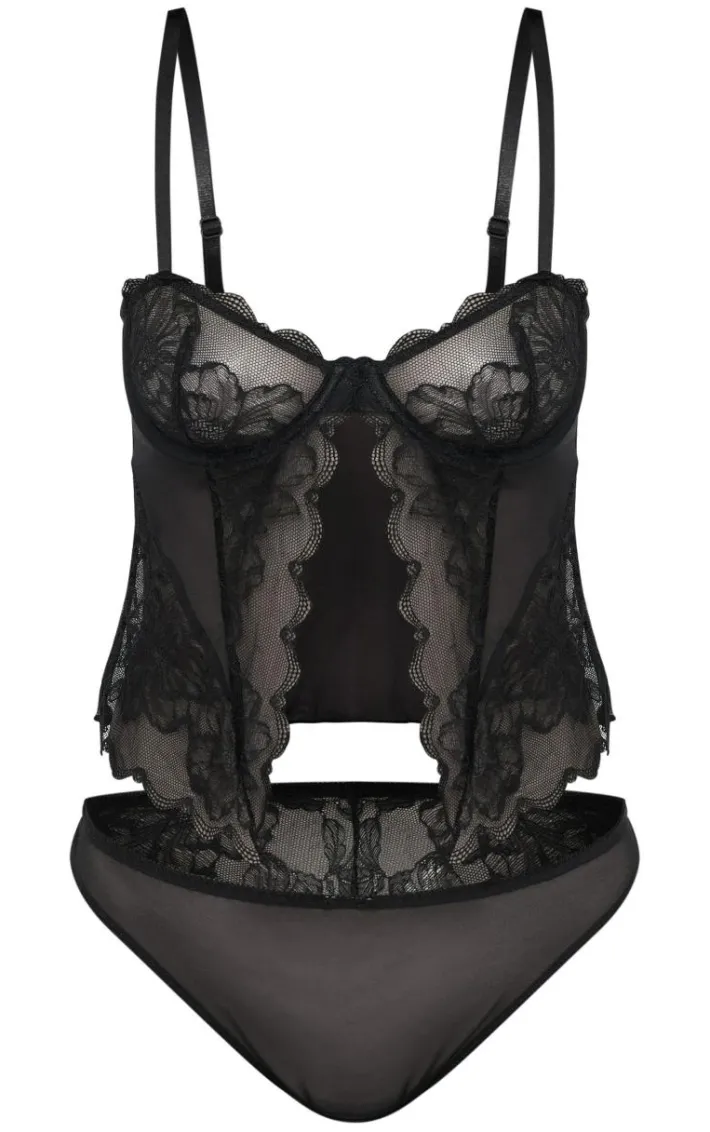 Black Lace Open Front Corset Lingerie Set