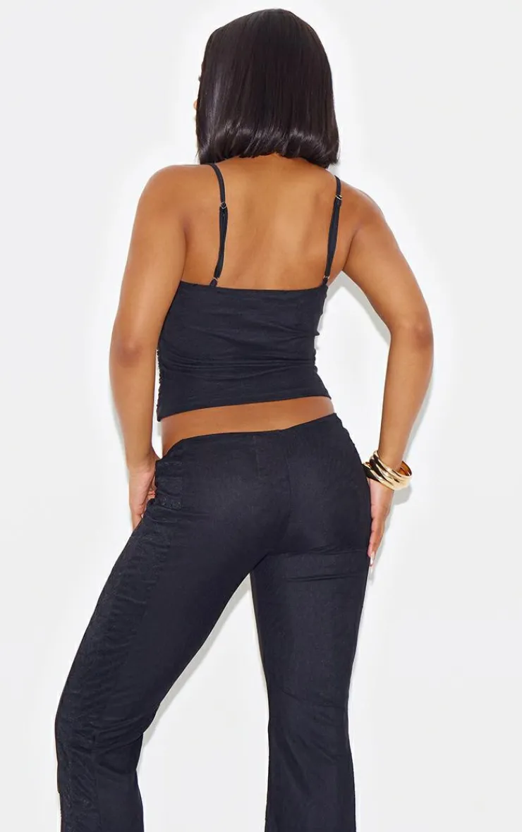 New PrettyLittleThing Lace Ruched Mesh Strappy Top Black
