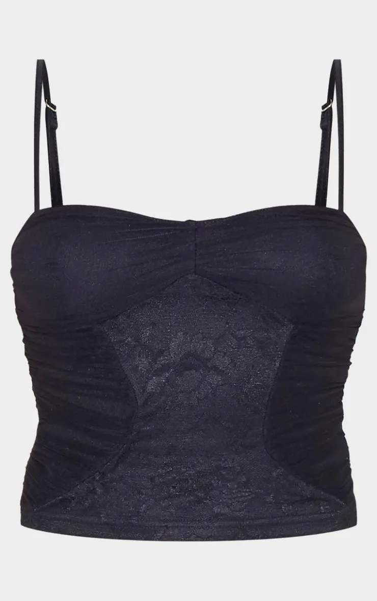 New PrettyLittleThing Lace Ruched Mesh Strappy Top Black