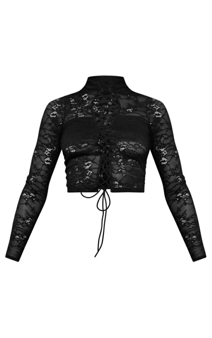 PrettyLittleThing Lace Tie Front Long Top Black