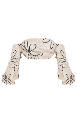 Black Leaf Print Linen Look Bardot Puff Sleeve Beach Top