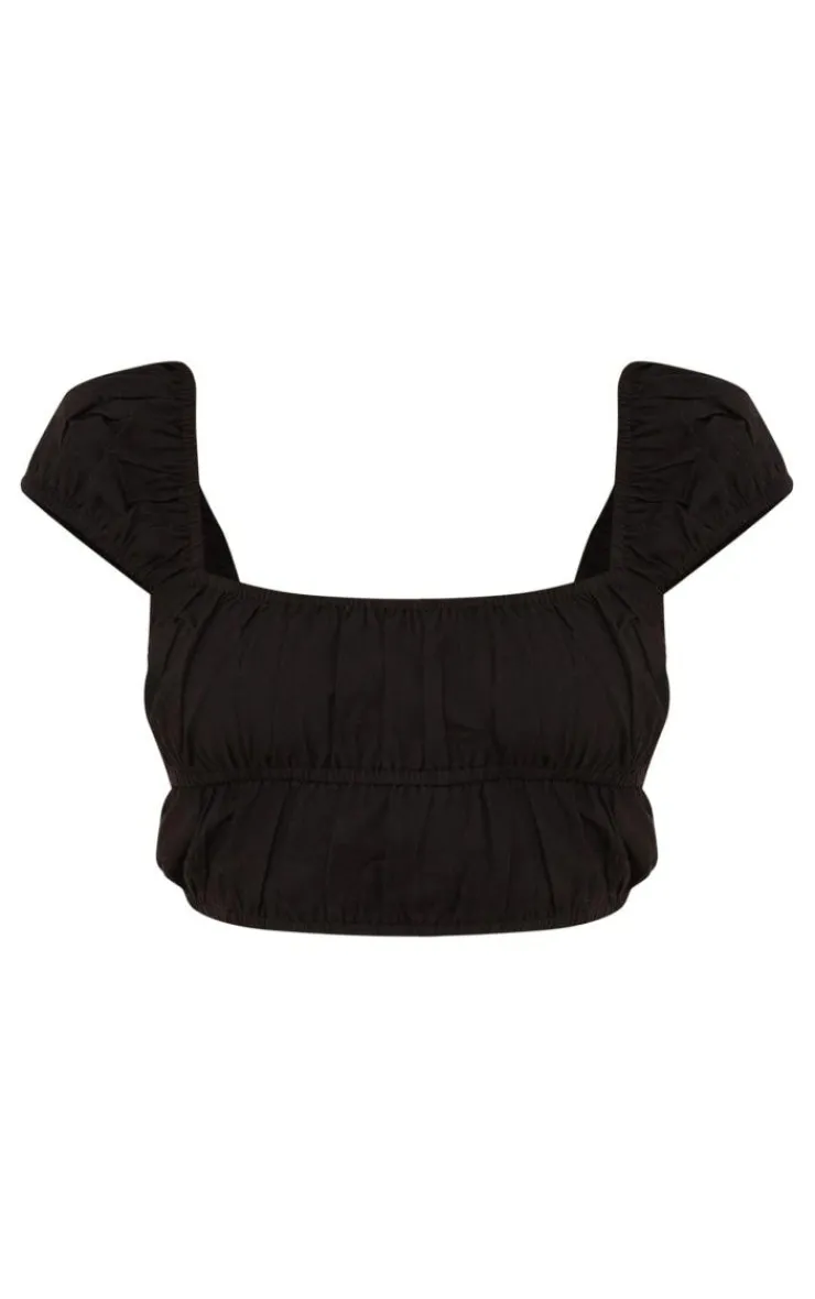 Discount PrettyLittleThing Linen Look Cap Sleeve Ruched Crop Top Black