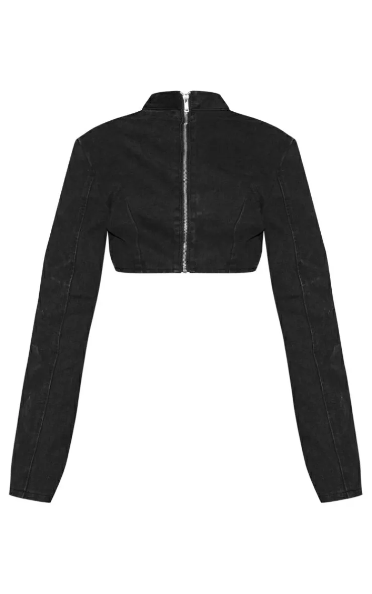 Outlet PrettyLittleThing Long Flared Sleeve Denim Crop Top Black