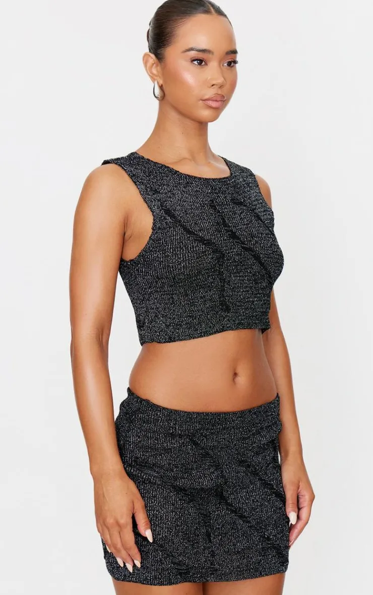 Hot PrettyLittleThing Lurex Knitted Contrast Detail Mini Skirt Black