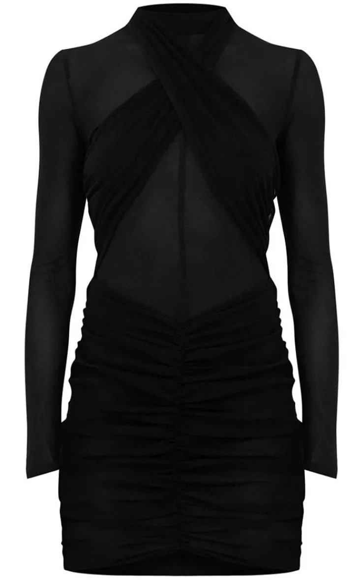 Mesh Bodysuit Cross Front Ruched Bodycon Dress-PrettyLittleThing Sale