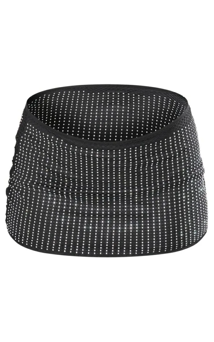 Hot PrettyLittleThing Mesh Diamante Low Rise Micro Mini Skirt Black