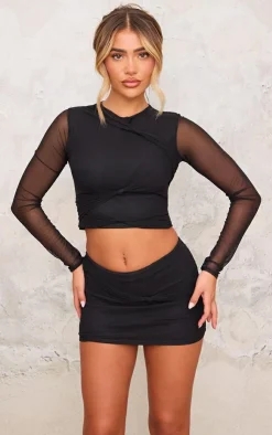 Hot PrettyLittleThing Mesh Long Sleeve Knot Detail Top Black