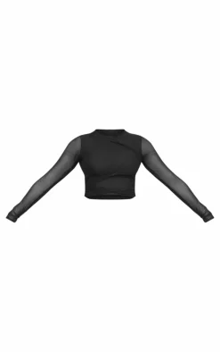 Hot PrettyLittleThing Mesh Long Sleeve Knot Detail Top Black
