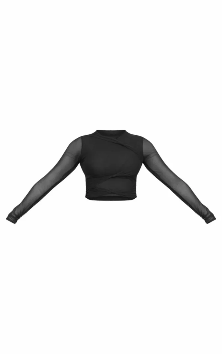 Hot PrettyLittleThing Mesh Long Sleeve Knot Detail Top Black