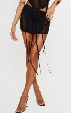 Hot PrettyLittleThing Mesh Panelled Extreme Ruched Extreme Micro Mini Skirt Black