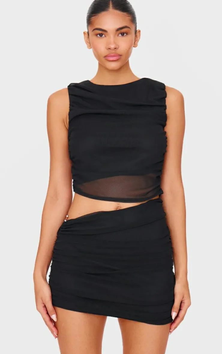 PrettyLittleThing Mesh Ruched Trim Detail Crop Top Black