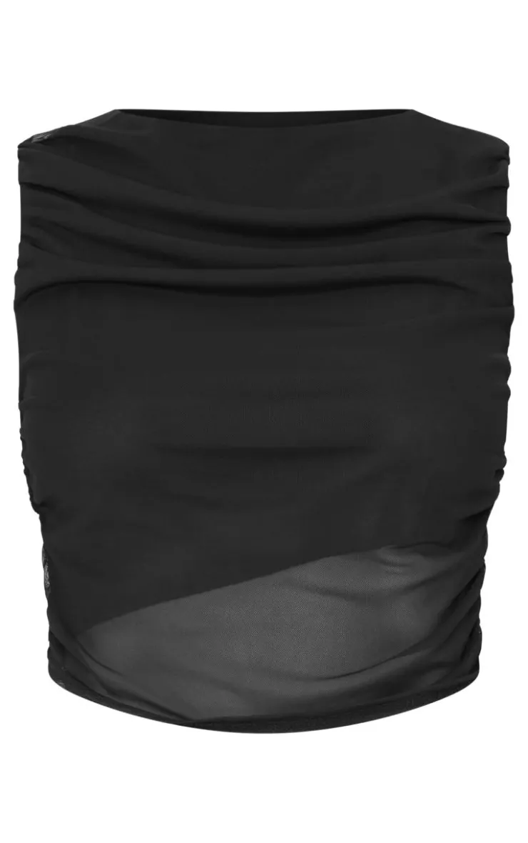 PrettyLittleThing Mesh Ruched Trim Detail Crop Top Black