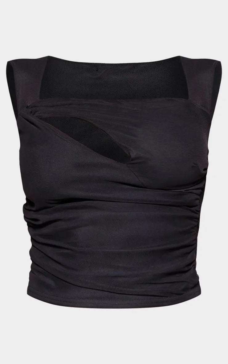 Discount PrettyLittleThing Mesh Sheer Cut Out Top Black