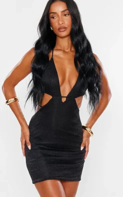Metallic Sheer Halterneck Cut Out Mini Dress-PrettyLittleThing New