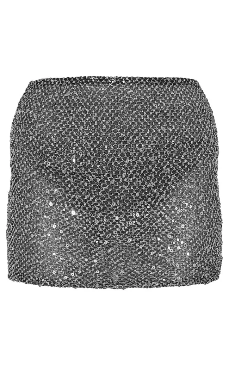Discount PrettyLittleThing Metallic Textured Mesh Dipped Hem Mini Skirt Black