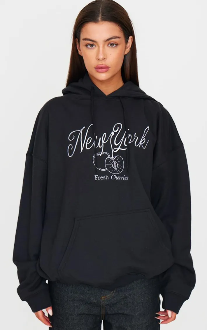 Black New York Cherry Embroidered Hoodie