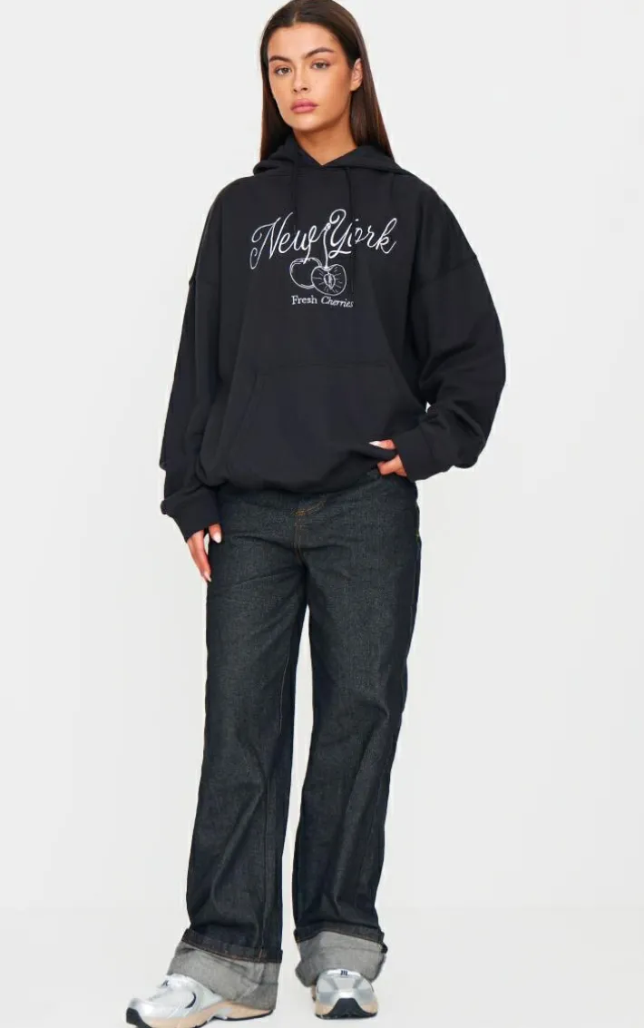 Black New York Cherry Embroidered Hoodie