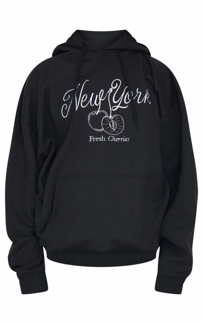 Black New York Cherry Embroidered Hoodie