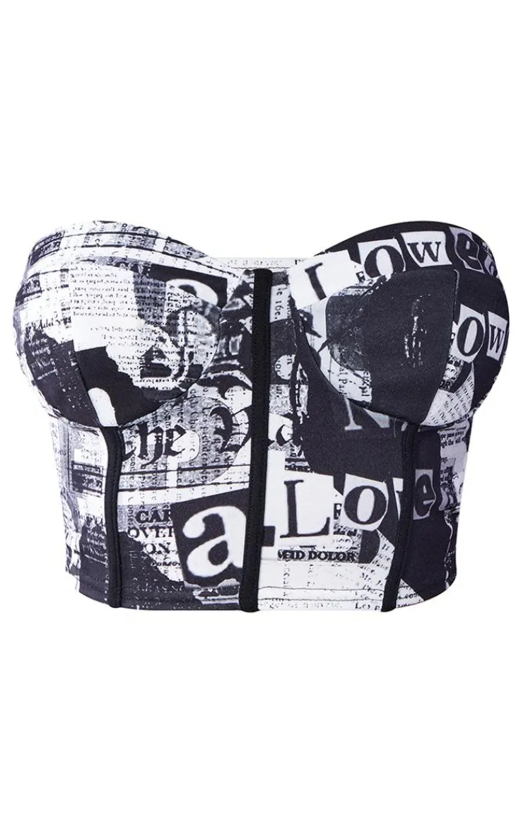 Online PrettyLittleThing Newspaper Print Cup Detail Corset Top Black