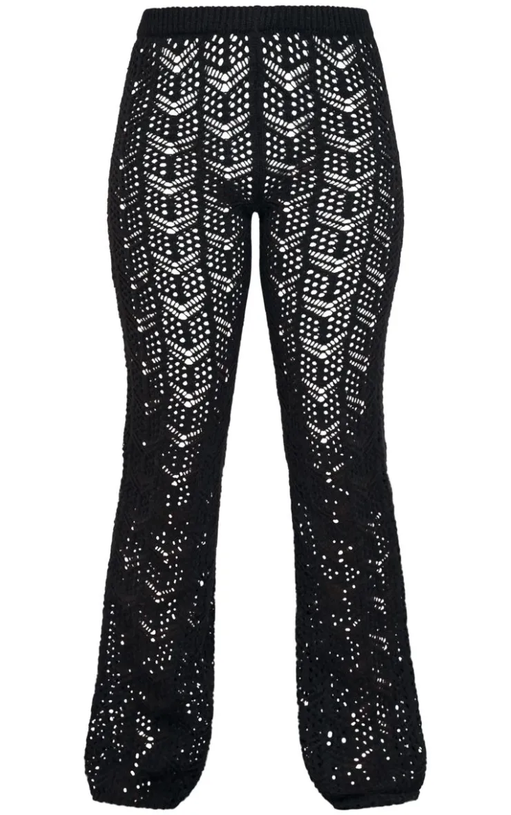 New PrettyLittleThing Open Crochet Knit Pants Black
