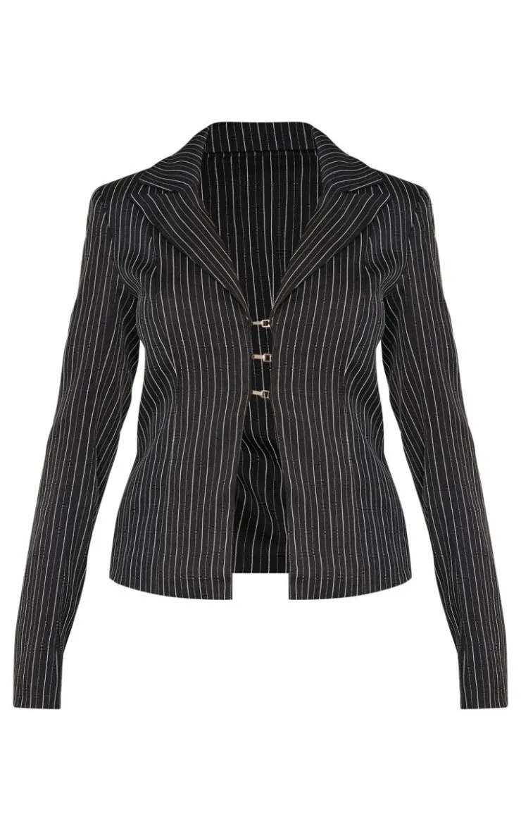 Hot PrettyLittleThing Open Front Pinstripe Fitted Shirt Black