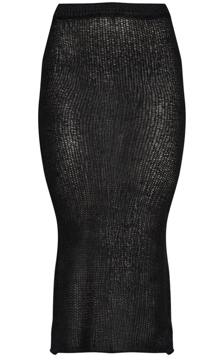 Online PrettyLittleThing Open Knit Midi Skirt Black