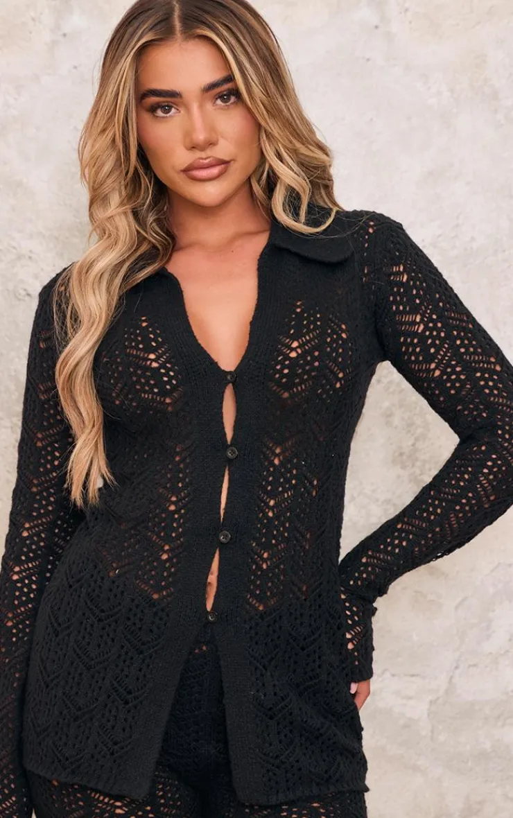 Online PrettyLittleThing Open Knit Shirt Black