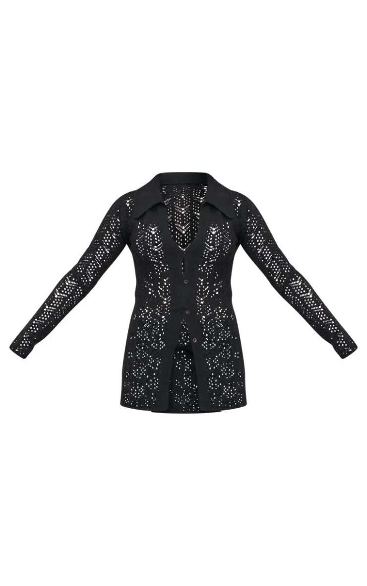 Online PrettyLittleThing Open Knit Shirt Black