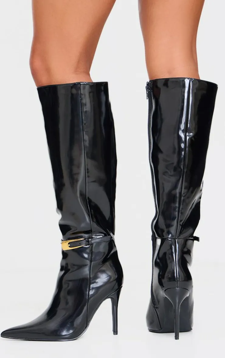 PrettyLittleThing Wide Fit Boots*Patent PU Wide Fit Point Toe Knee High Stiletto Heeled Boots