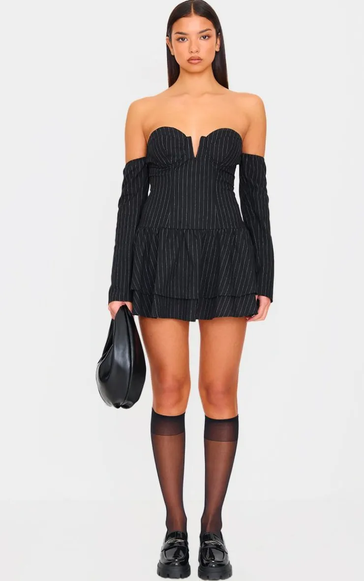 Pinstripe Cup Detail Bardot Shift Dress-PrettyLittleThing Clearance
