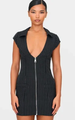 Pinstripe Pocket Detail Zip Up Mini Dress-PrettyLittleThing Online