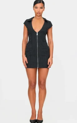 Pinstripe Pocket Detail Zip Up Mini Dress-PrettyLittleThing Online