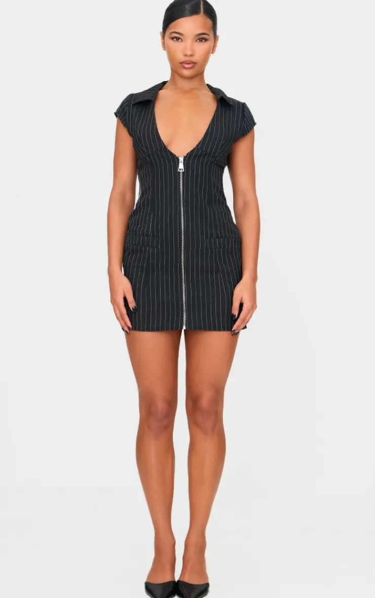 Pinstripe Pocket Detail Zip Up Mini Dress-PrettyLittleThing Online